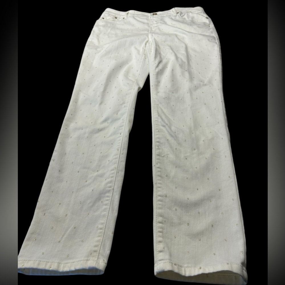 Chico’s white/Ivory Platinum Pull-on Jeggings with tiny gold detail.